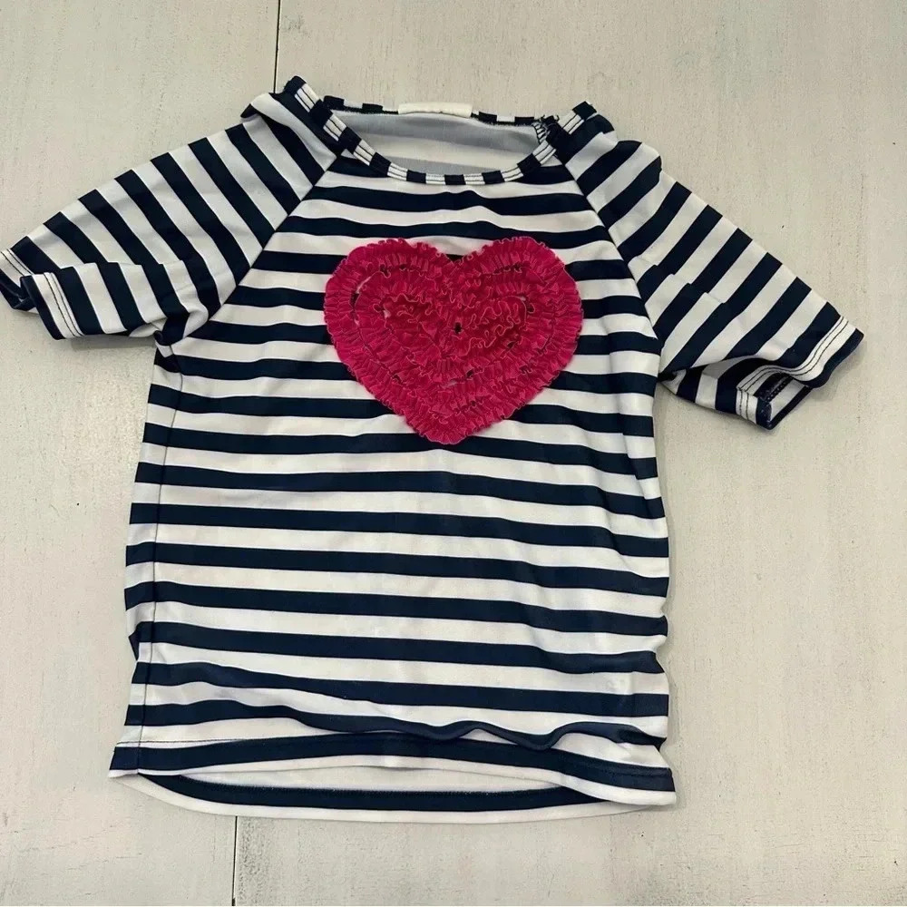 Crazy 8 Girl Toddler Short Sleeve Navy & White Stripe with Pink Heart Sz 4T GUC